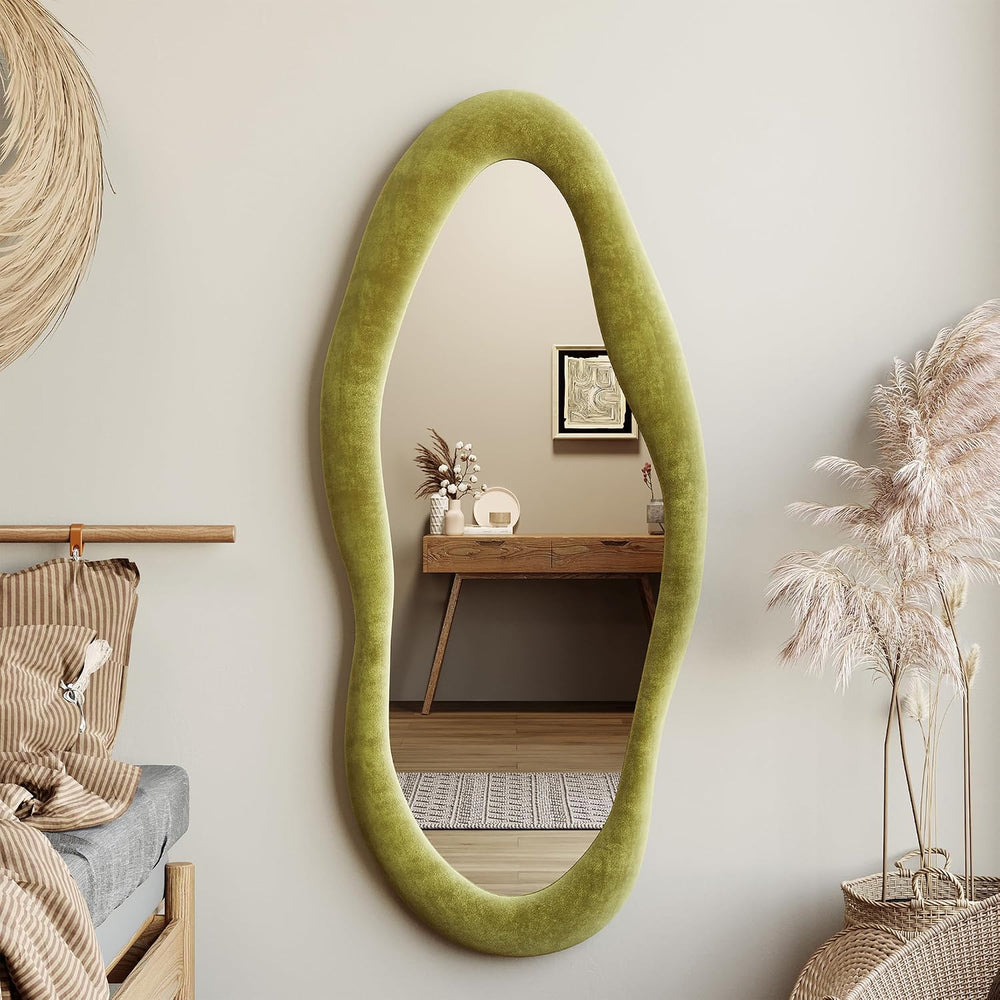 Honyee 55" x 24" Wavy Mirror, Flannel Wrapped Wooden Frame, Irregul...