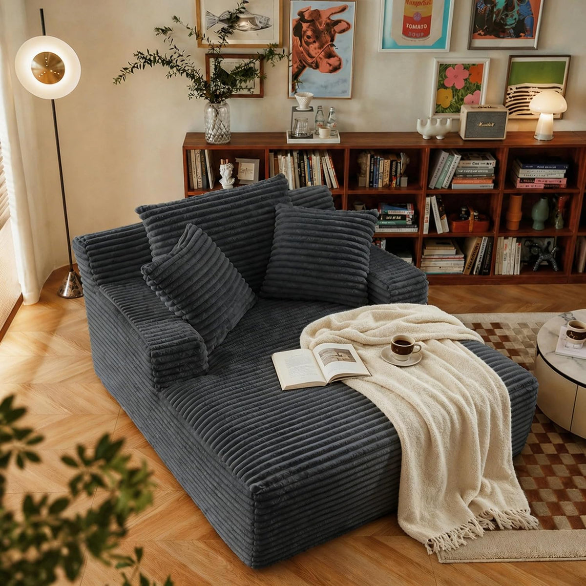67" Chaise Lounge Chair Indoor, Corduroy Upholstered Reading Chair Oversized Boneless Chair with DeepSeat, Cloud Lounge Chair with 3 Pillows for Living Room, Bedroom, No Assembly Required