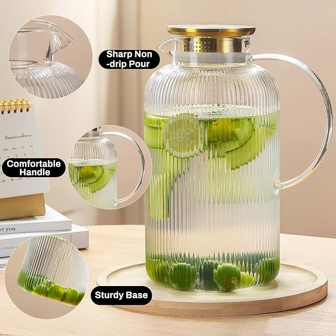 Buaic Glass Pitcher with Lid, 100 oz/ 3 Liter Classic Vertical Stripes Water - Image 3