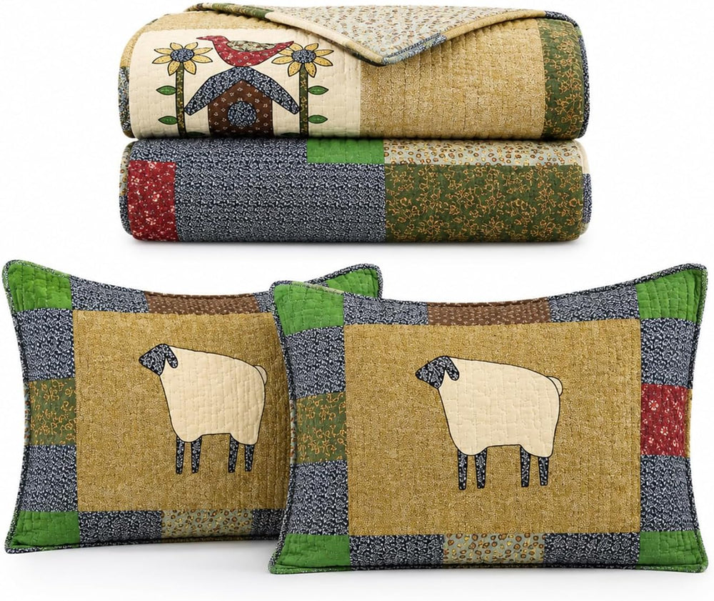 100% Cotton Patchwork Quilt Set Queen,Farmhouse Bedding,3-Piece