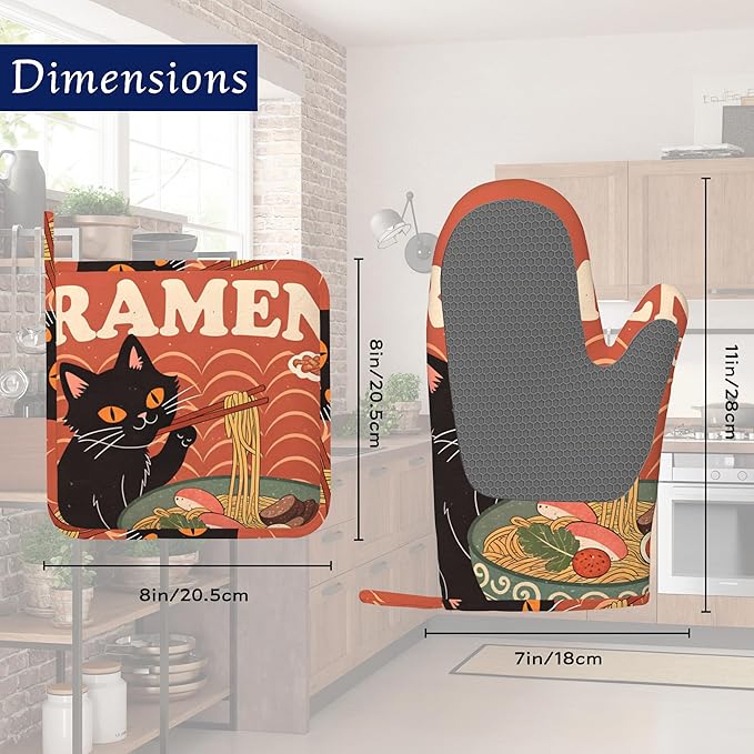 Black Cat Ramen Oven Mitts and Pot Holders Abstract Funny Silicone Kitchen - Image 2