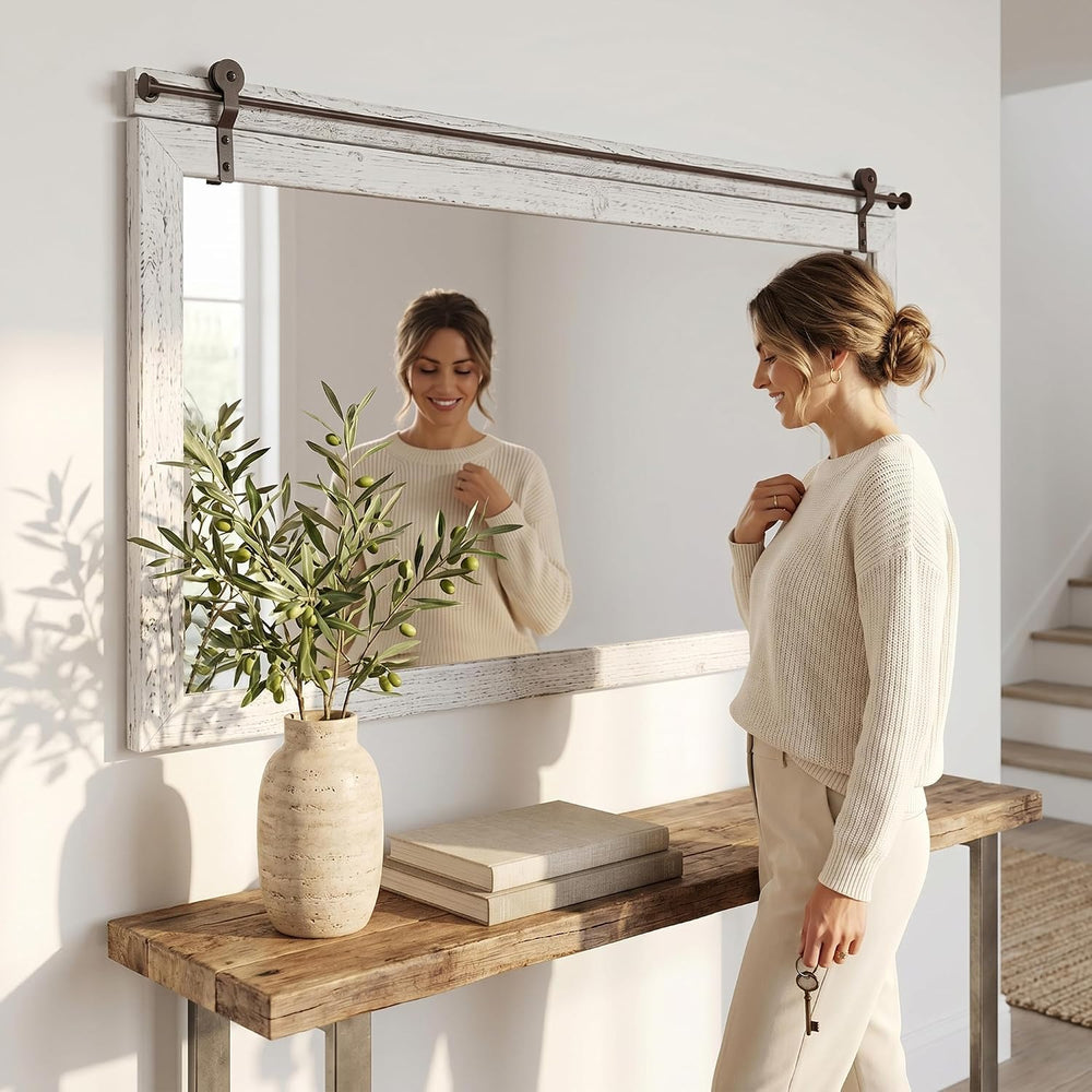 27"x49" Whitewashed Coastal Barn Door Wall Mirror with Wood Header