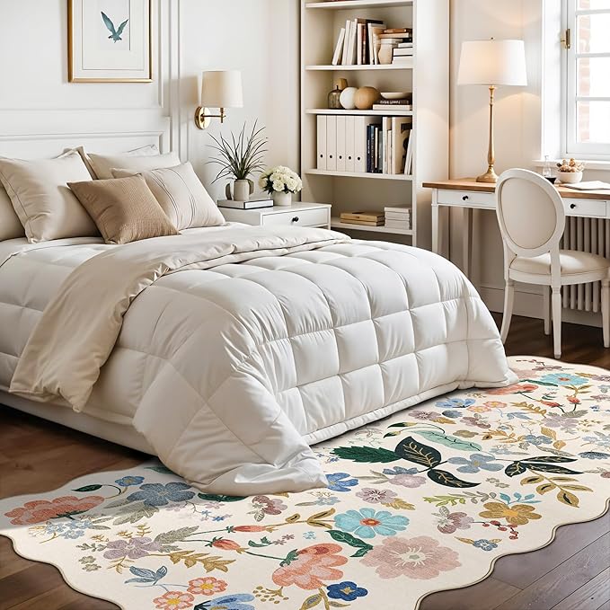 Washable 4x8 Wide Runner Rug: Hallway Entryway Non Slip Scalloped Floral Rug - Image 3