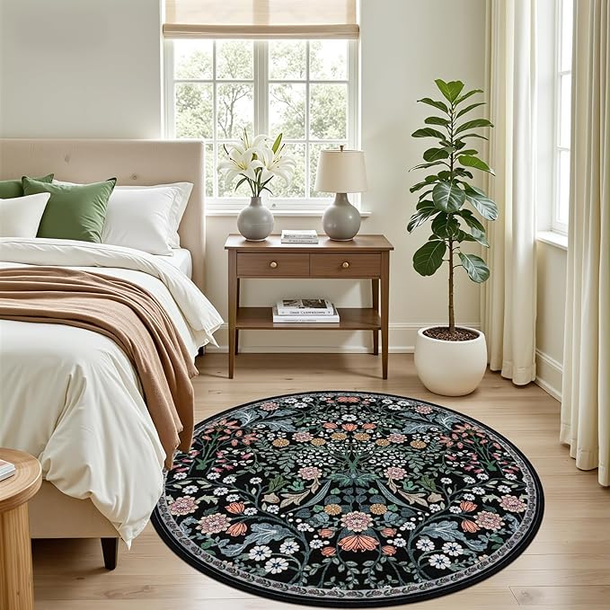 Round Area Rug for Living Room: 4 ft Floral Washable Circle Rug Soft Boho - Image 3