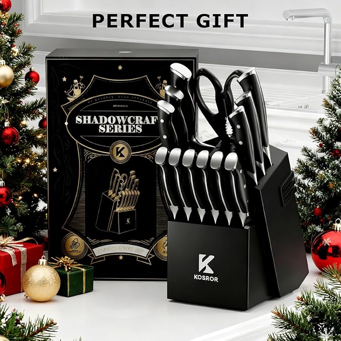 Kitchen Knife Set with Block: 15-Piece German Stainless Steel with Dual