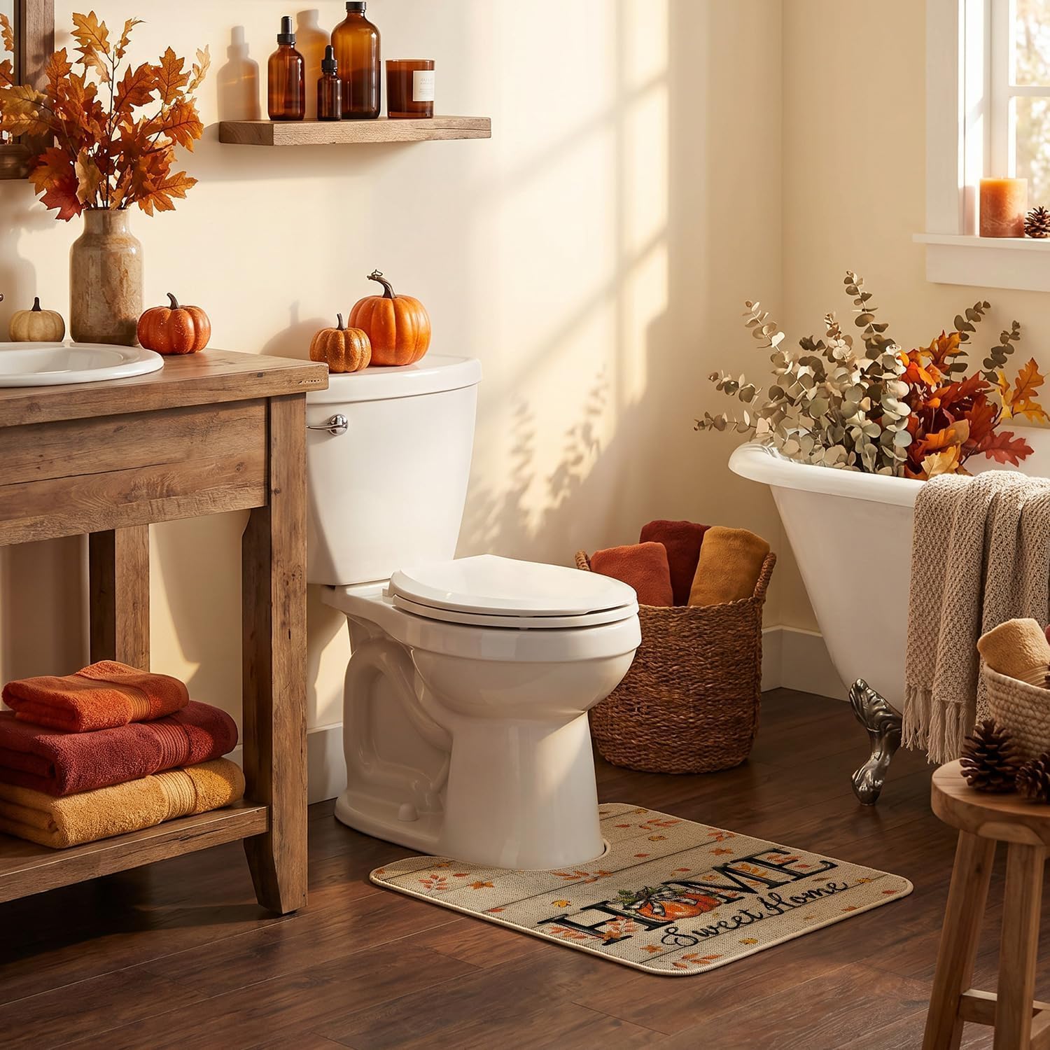 Artoid Mode Home Sweet Home Pumpkin Fall U Shaped Toilet Rug 20x24 Inch | Non-Slip Low-Profile Bathroom Decor Bath Contour Mat