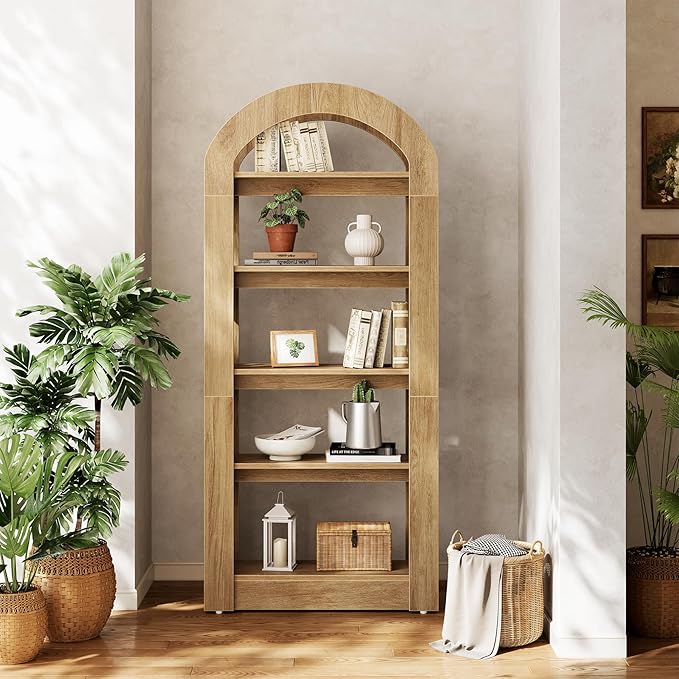 LITTLE TREE 5-Tier Bookshelf, Arch-Shaped Racks, Tall Standing Wooden Bookcase Display Shelf Modern Storage Solution (1, Teak Color)