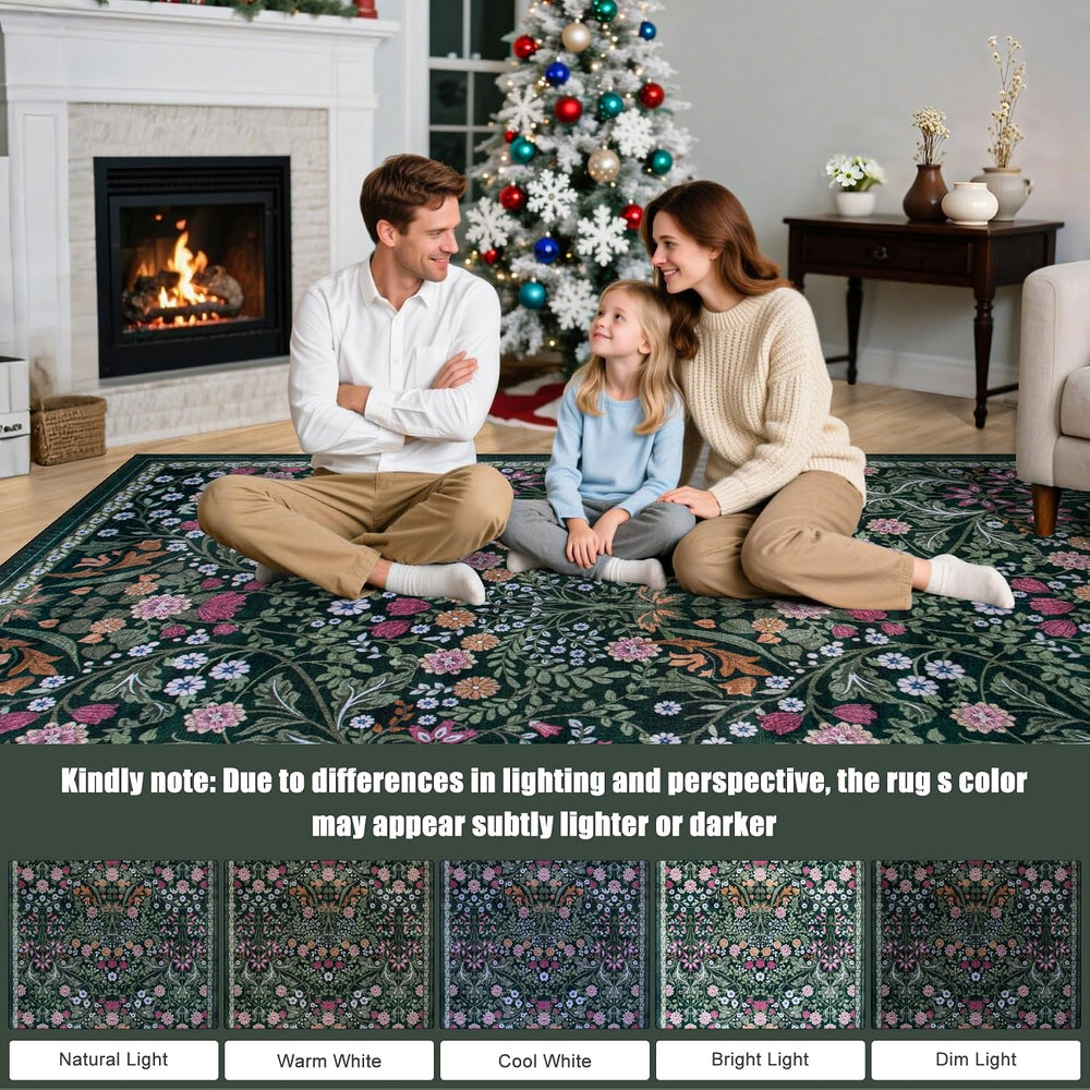 PLHXFR 6x9 Area Rug Living Room: Floral Washable Boho Carpet Dark Green