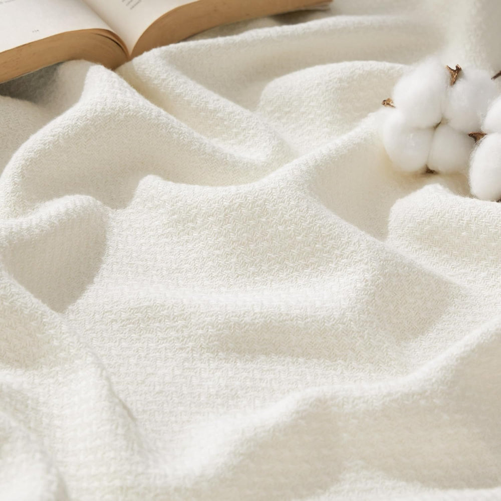 Bedsure 100% Cotton Blanket, Herringbone Weave, Queen Size, Cream