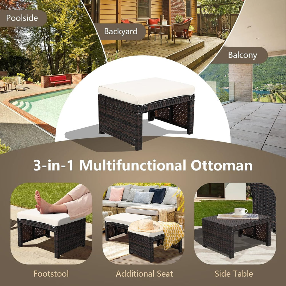 2-Piece Wicker Ottomans, Outdoor Rattan Foot Rest Set of 2 w/Removable Cushio...