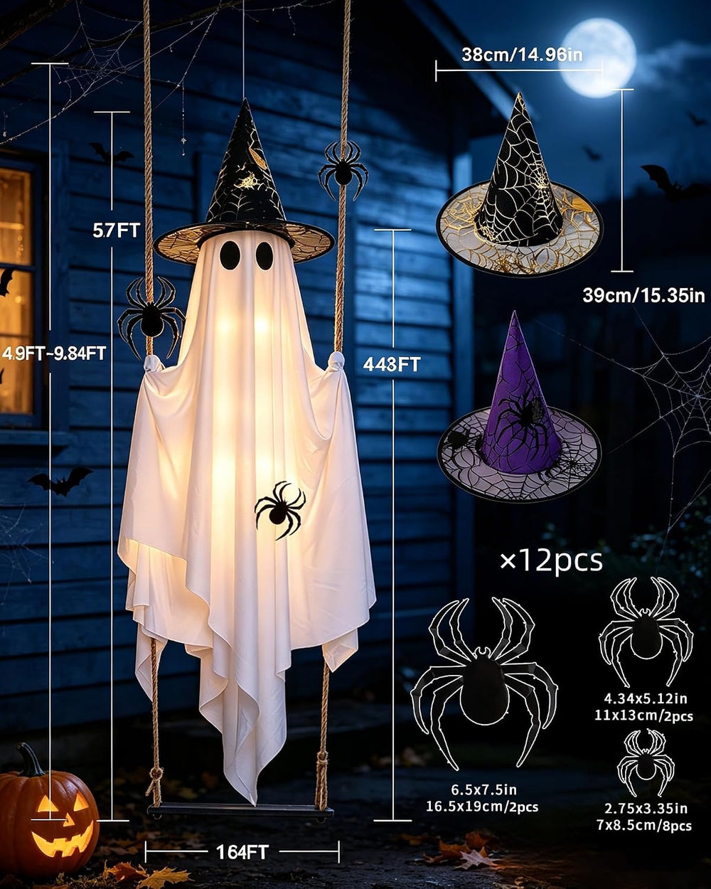Swinging Ghost with 2PCS Hat & 12PCS Spider Halloween Decoration Outdoor