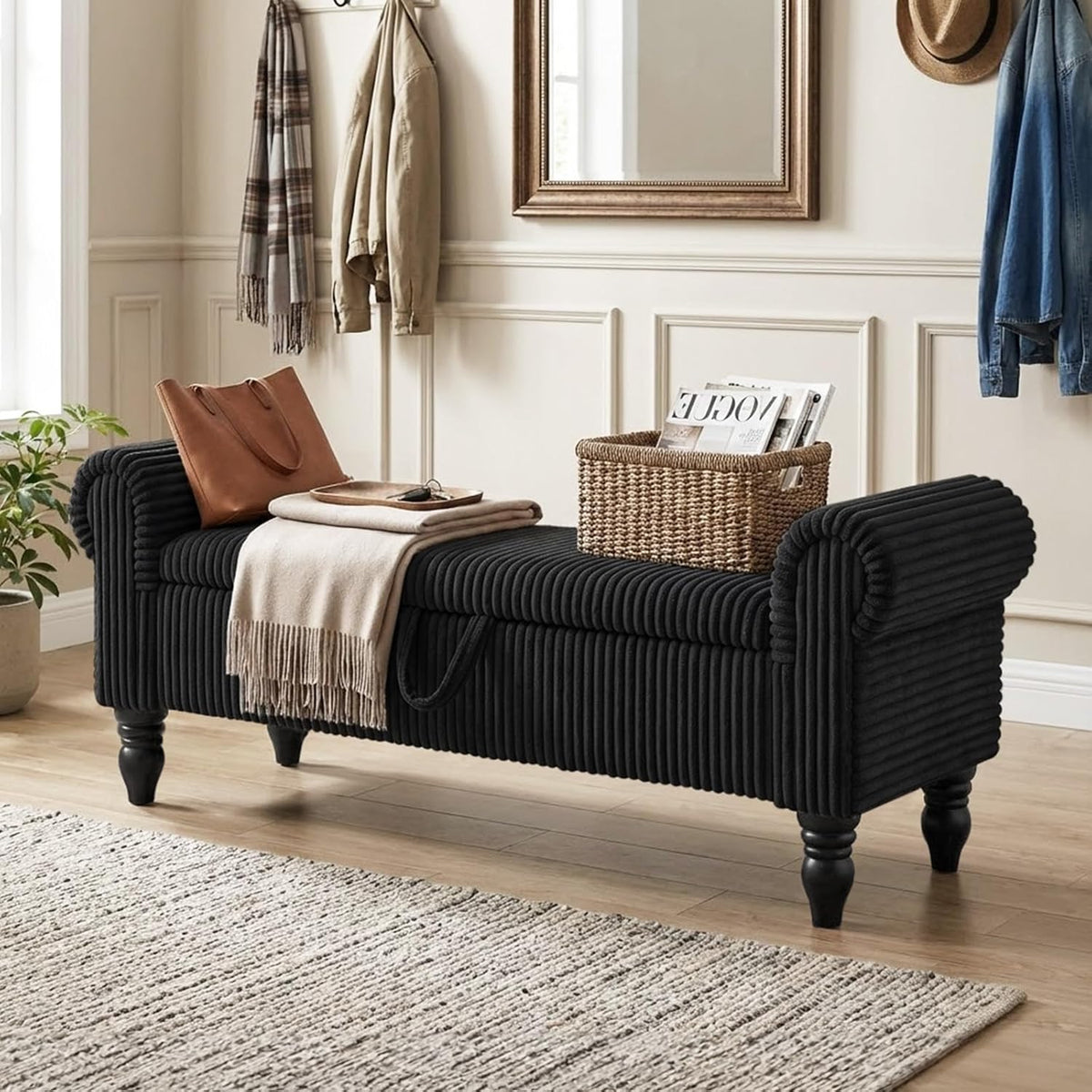 55" Storage Ottoman Bench, Corduroy End of Bed Bench for Bedroom, Black