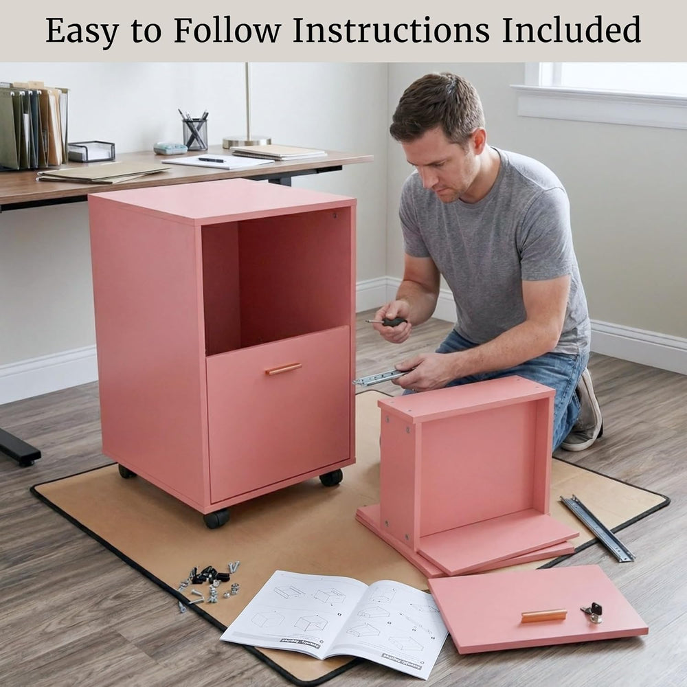 Lavish Home 2-Drawer Wooden File Cabinet with Lock, Pink, 16” x 27” | Rolling...