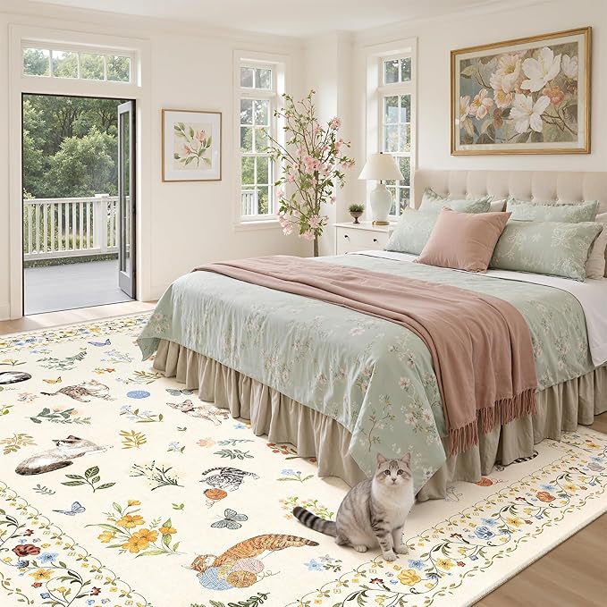 Cat 9x12 Area Rugs for Living Room, Machine Washable Animal Floral Vintage Rug - Image 3
