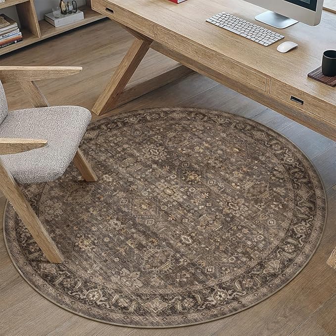 4x4 Washable Round Rug for Living Room Bedroom Vintage Brown Soft Low Pile - Image 2
