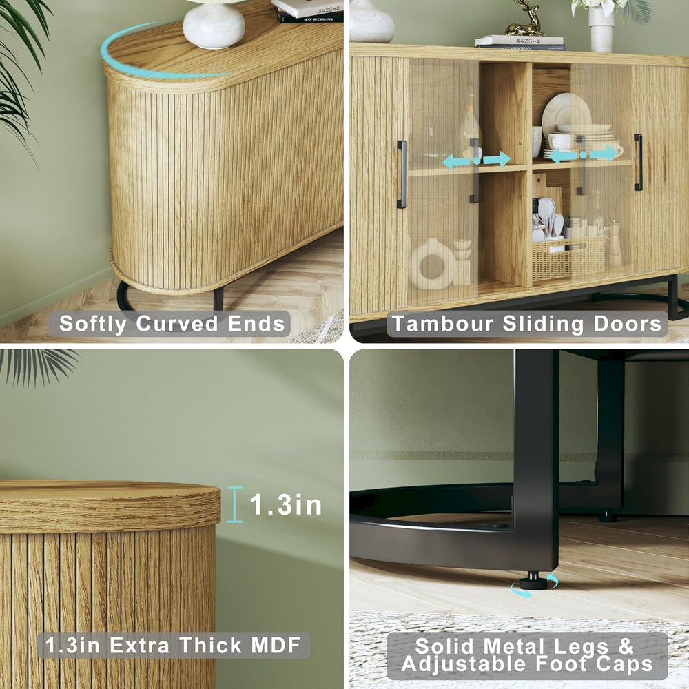 HUAHUU Sideboard Buffet Cabinet with Storage, 54.3" Fluted Tambour, Adju...