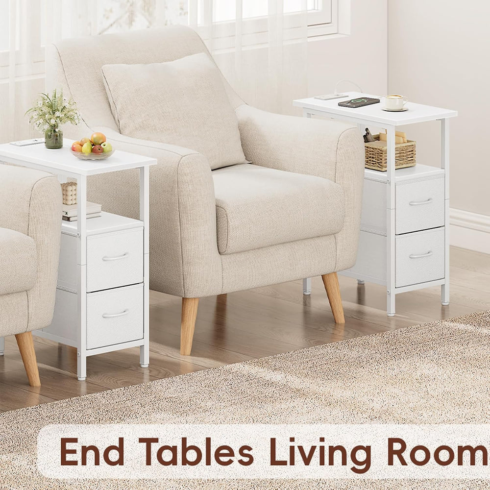 Vagusicc White Nightstand with Charging Station and LED Lights, Narrow Side T...