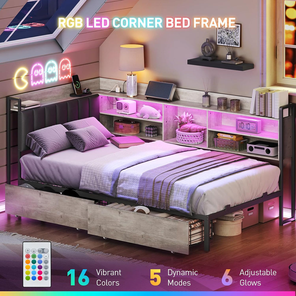 Twin Corner Bed Frame with Bookcase Storage and PU Upholstered, Twin Daybed w...