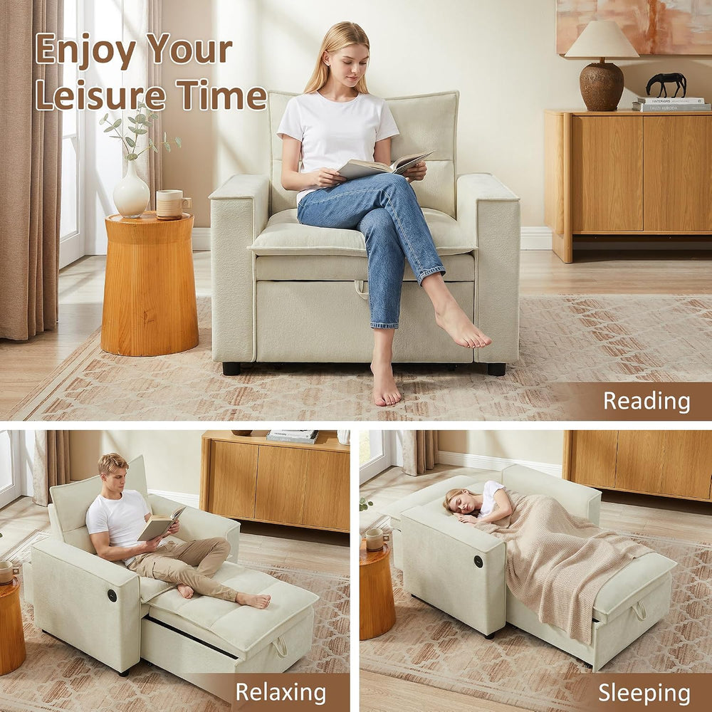 VANOMi Convertible 3-in-1 Sleeper Chair Sofa Bed, USB Ports, Chenille Beige