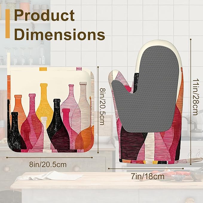 Red Wine Bottle Oven Mitts and Pot Holders Sets, Silicone Kitchen Mitts - Image 2