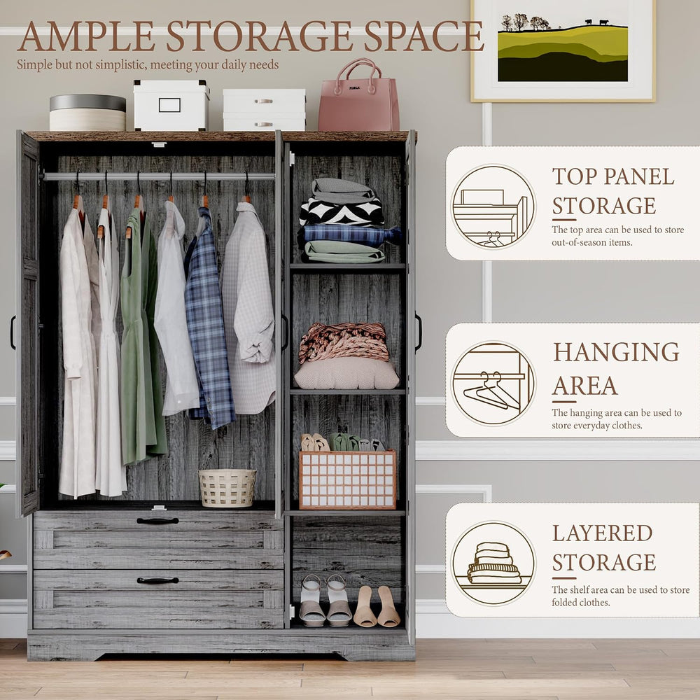 Brafab 62" Wooden Armoire Wardrobe Closet with Mirror, Grey, 3 Doors