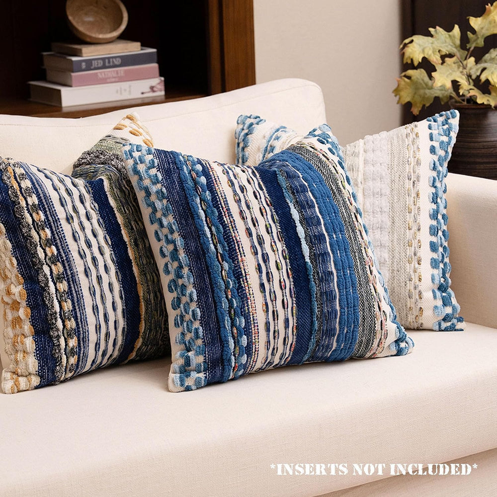 Boho Chenille Tufted Throw Pillow Covers 18x18 Inch Set of 2 Farmhouse Blue W...
