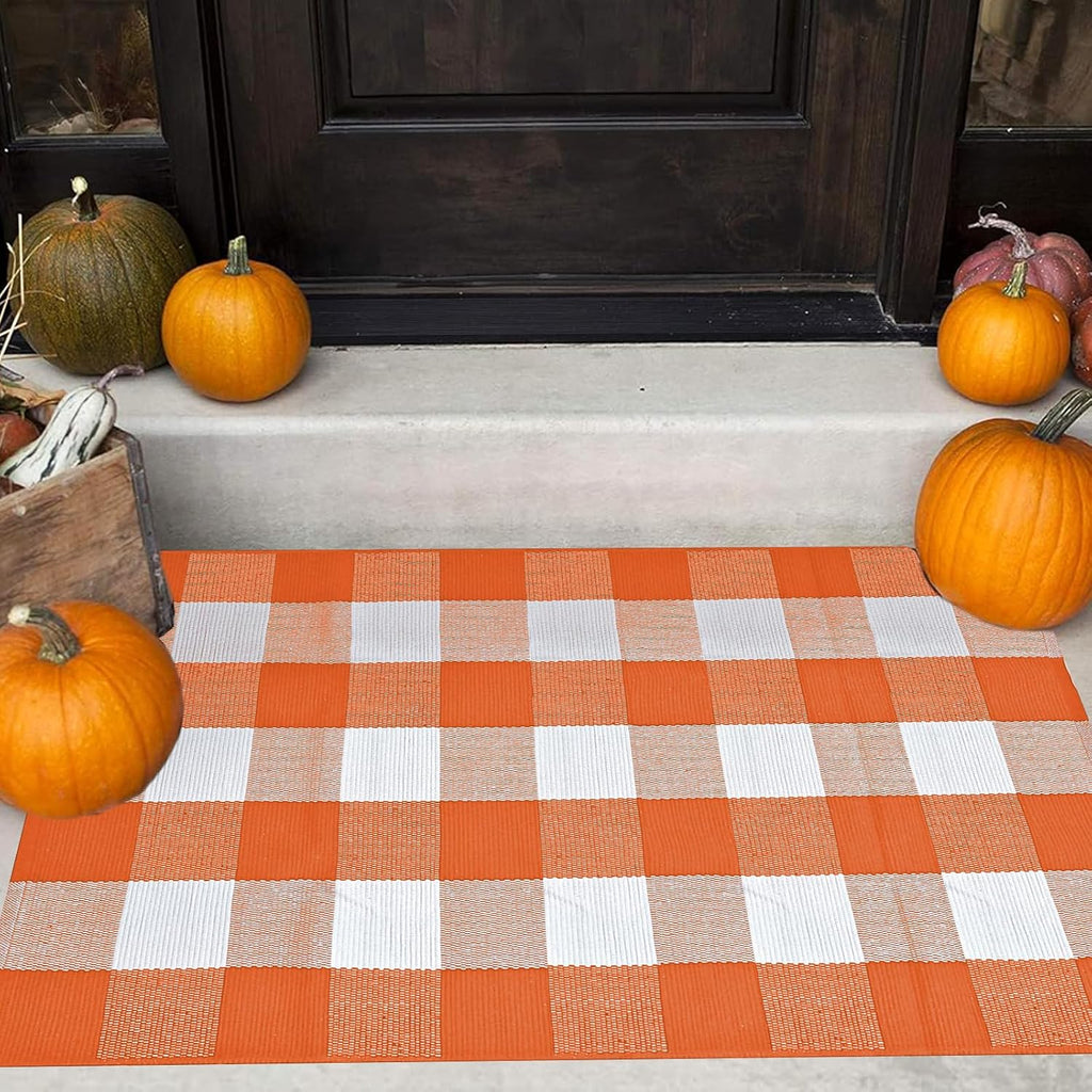 Buffalo Plaid Rug 28 x 43 Inches Fall Outdoor Front Door Decor Mat, Cotton Washable Hand-Woven Rug for Layered Doormat, Autumn Halloween Thanksgiving Carpet for Porch (Orange and White Plaid)