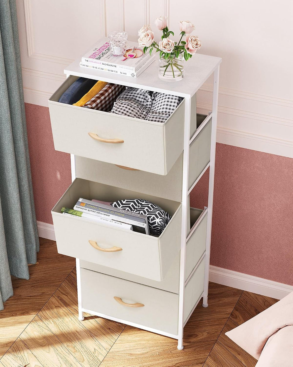 Tall Dresser Vertical Fabric Storage Tower Organizer, 5 Drawers (Beige)