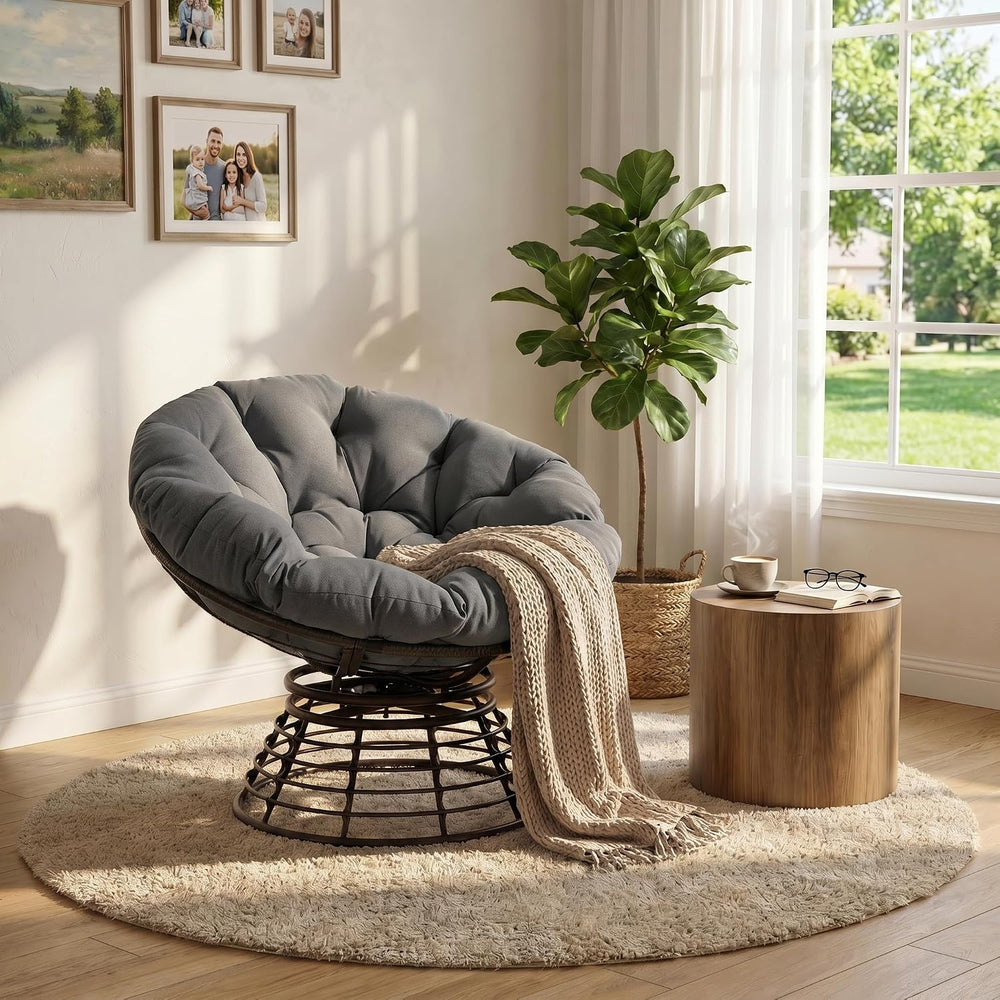 Comfortable 36" Ergonomic Wicker Papasan Chair, 360° Swivel Wicker Accen...