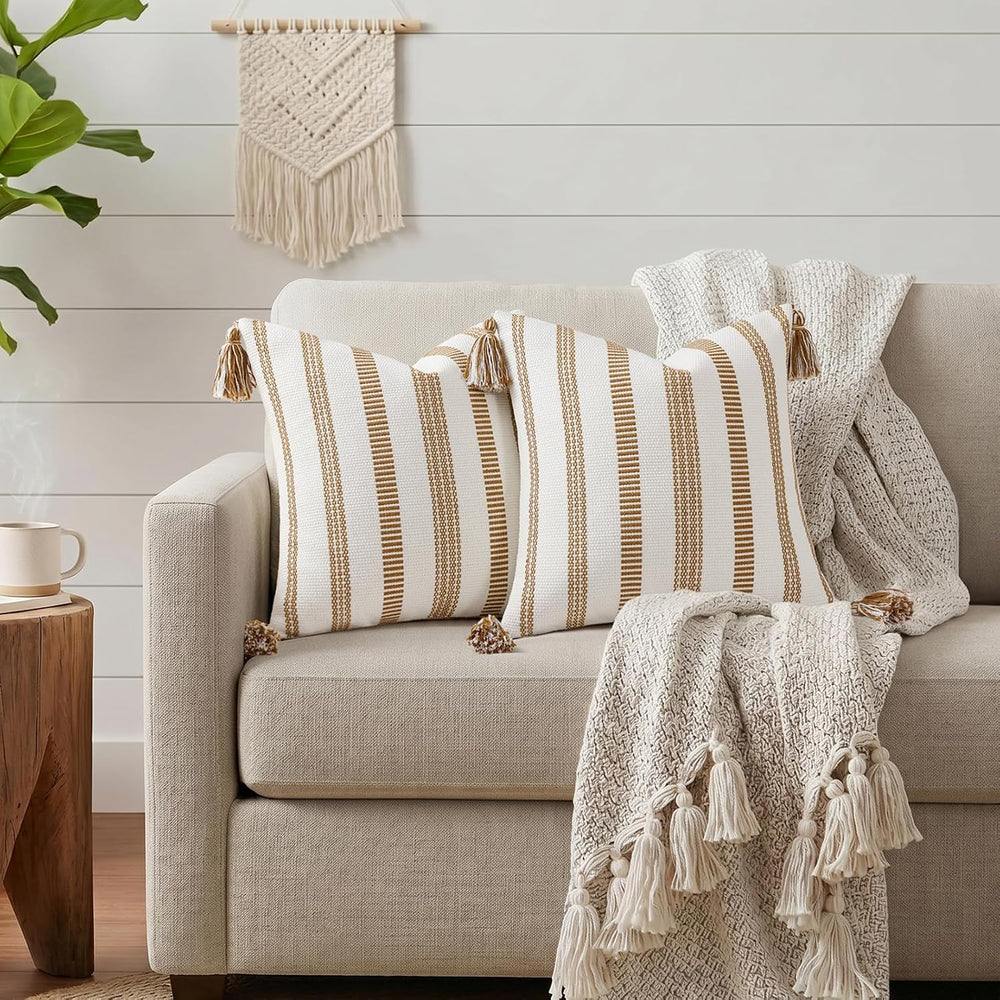 Smile Bee Outdoor Striped Pillow Covers 18x18 Set of 2 Brown and White