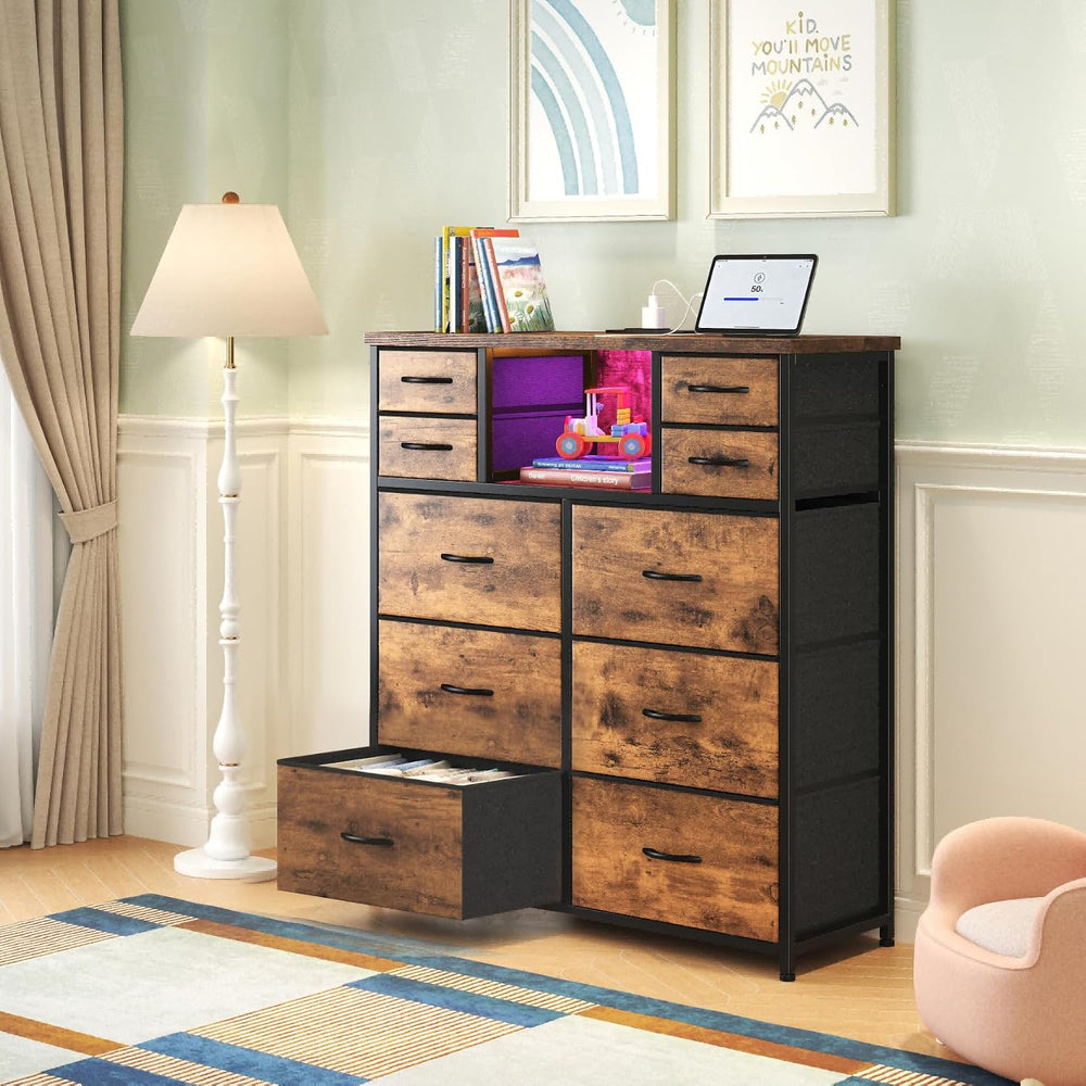 10-Drawer Tall Dresser for Bedroom, LED & Charging Station, Brown