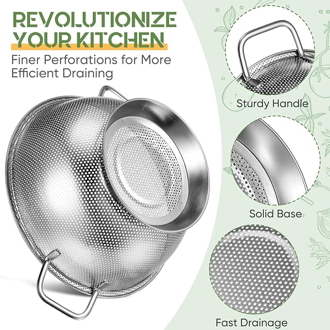 Bokon 3 Pcs Stainless Steel Colander Set Colander Bowl and Sieves 1/3/5 Quart - Image 3