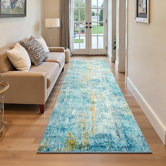Runner Rug for Kitchen Teal Blue Hallways Runner Rug Non Slip 2'6''x8' Washable by OmpaaHomeDecor