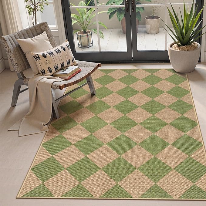 Lahome Colette Green Checkered Easy Jute Rug, 3x5 Washable Outdoor Rug Neutral by Lahome