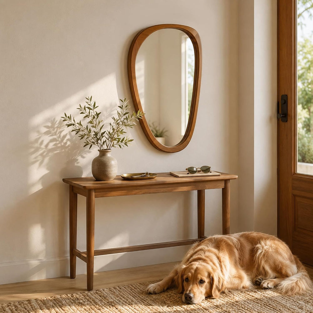 Solid Wood 30"x20" Warm Walnut Organic Irregular Wall Mirror Decor