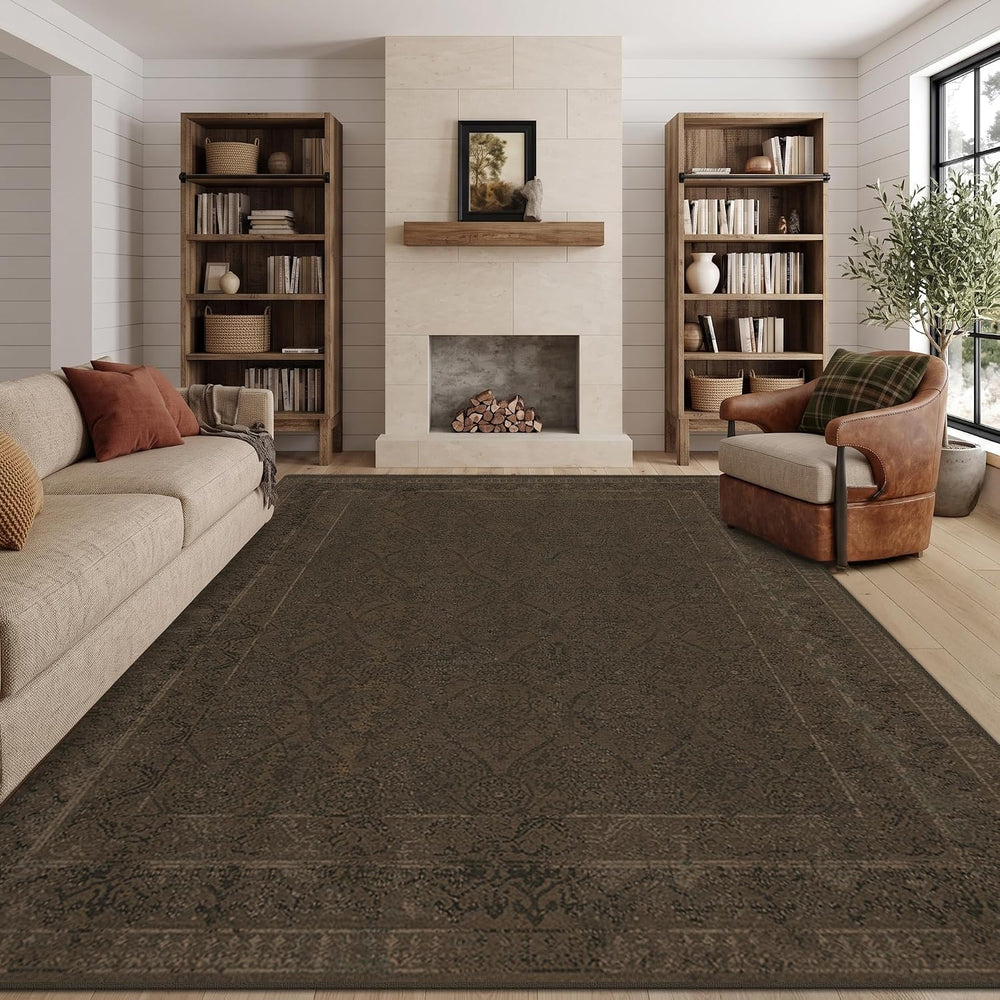 Brown Vintage Washable 8x10 Area Rug for Living Room & Bedroom, Non-Slip ...