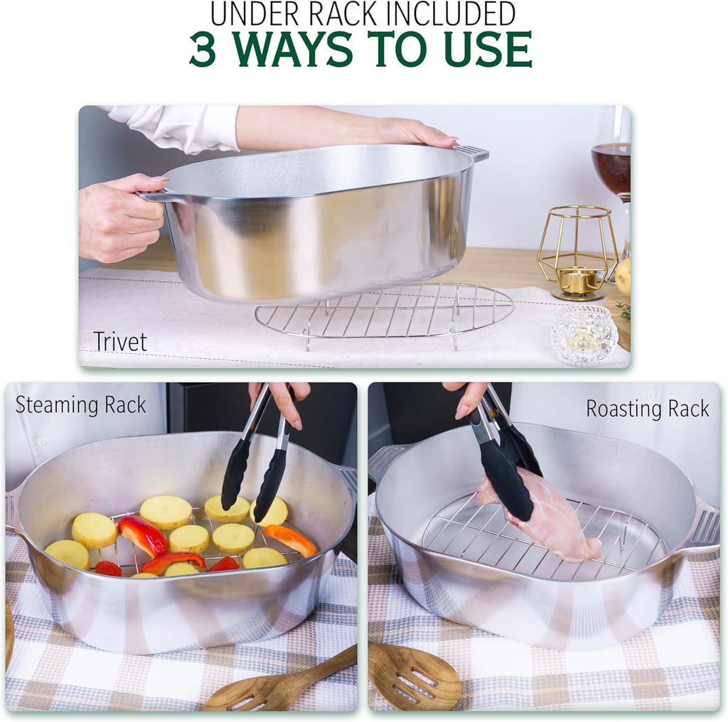 Cast Aluminum Oval Dutch Oven with Lid - 10 QT Heavy Duty & Lightweight Roaster Pan with Rack & Silicone Cover Dual Handles — Cajun Cookware for Roasting, Baking, Cooking (15" - Large)