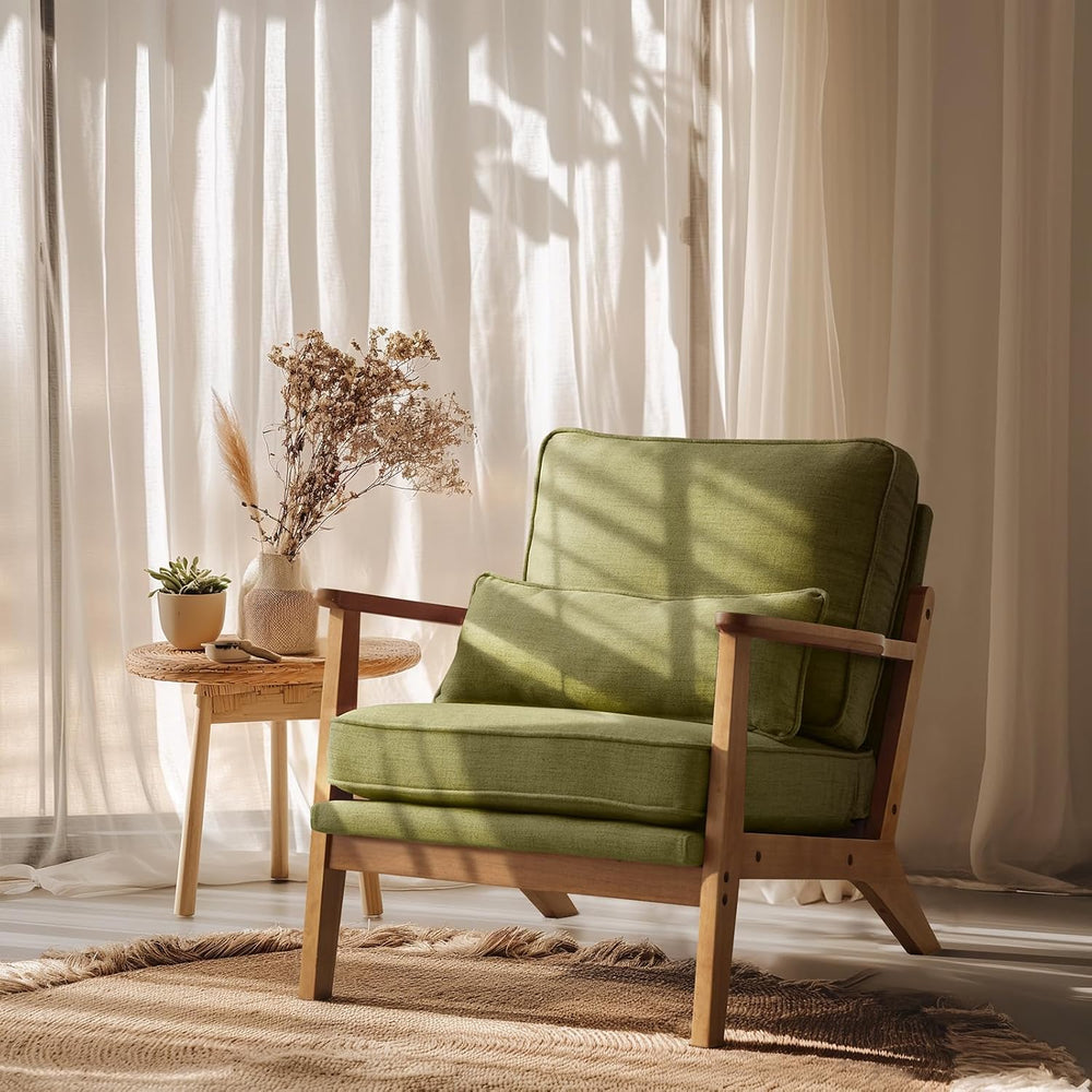 VINGLI Solid Wood Wide Armrests Accent Chair,Upholstered Mid Century Modern C...
