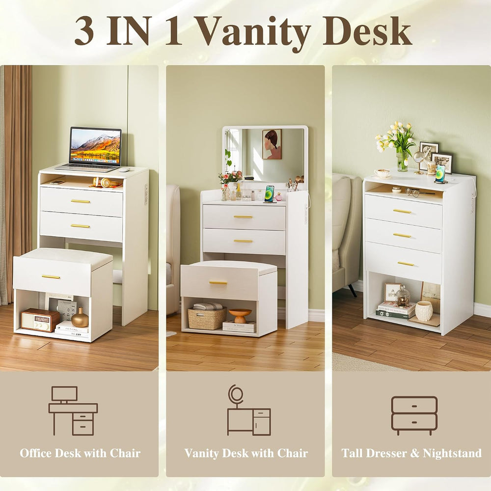 HUAHUU 3 in 1 Vanity Desk with Flip-up Mirror, Compact Vanity with 2 Fabric D...