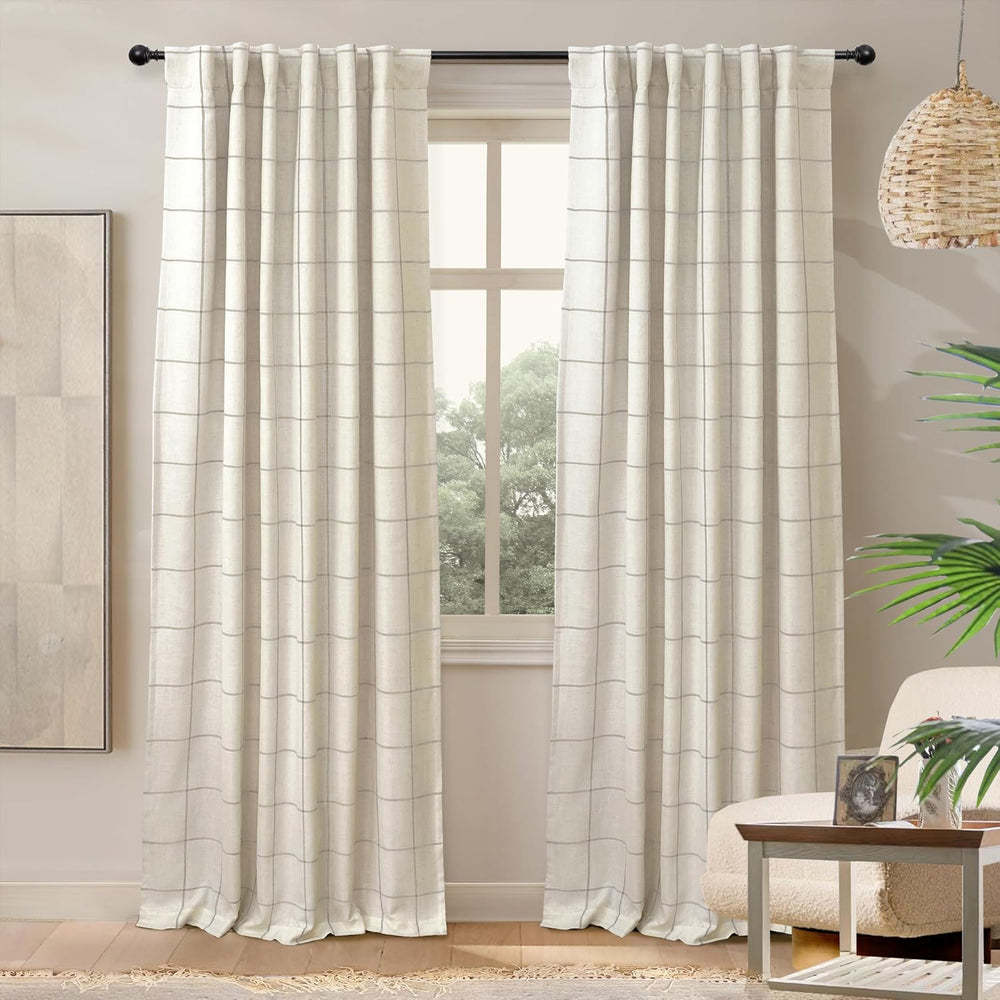 DriftAway 100% Blackout Plaid Linen Curtains 84 Inches Long 2 Panels Taupe