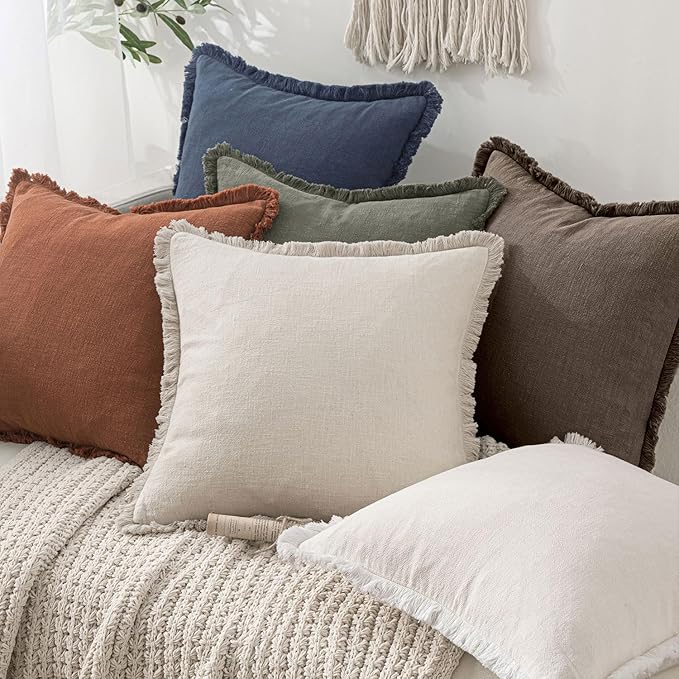 MIULEE Decorative Throw Pillow Covers Neutral Linen Fringe Throw Pillows Euro - Image 6