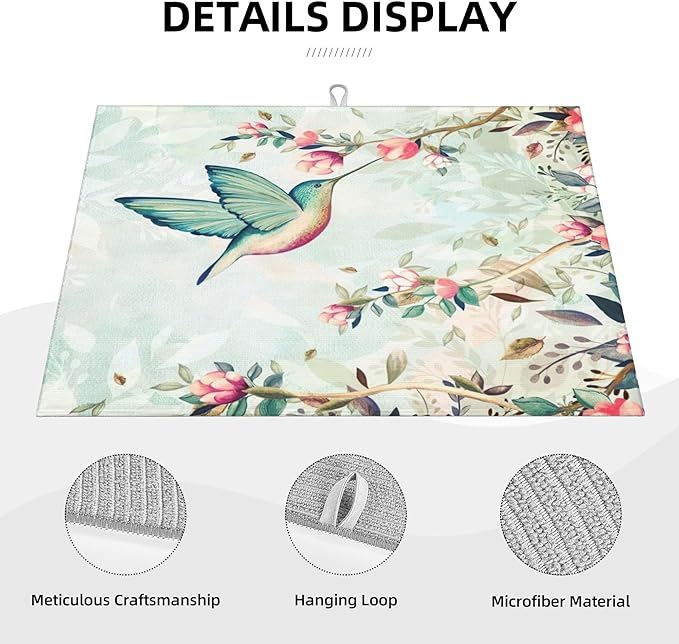 Hummingbird Flowers Dish Drying Mat 18x24 Inch, Microfiber Absorbent Fast Dry - Image 3