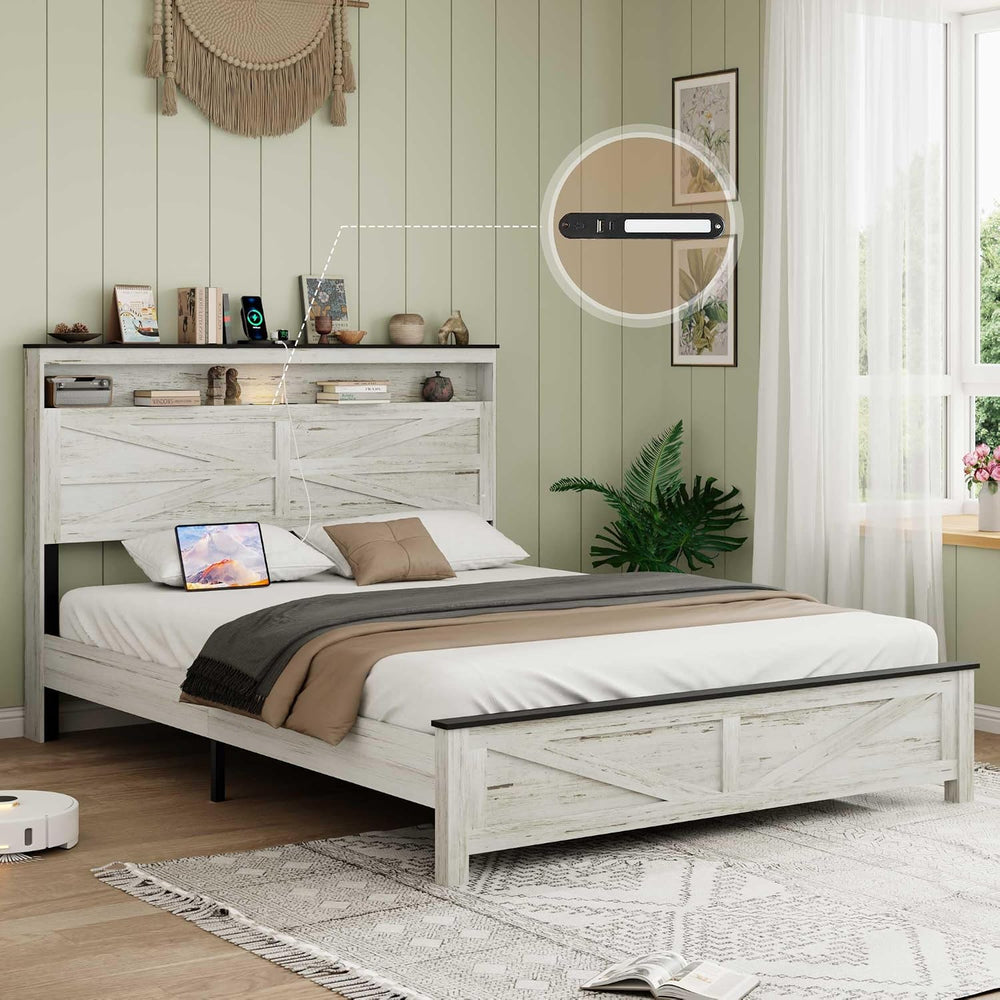 Ball & Cast Wood Queen Size Bed Frame with Storage Headboard,Farmhouse Pl...