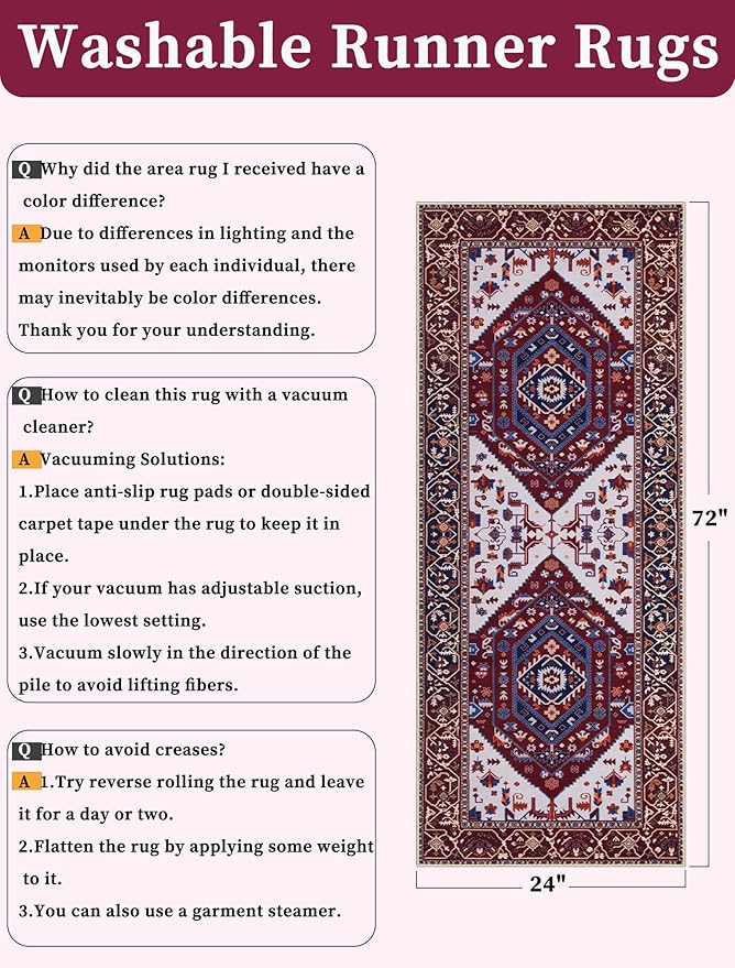 SERISSA Boho Washable Runner Rug, 2x6 Rug Runner Non-Slip Vintage Burgundy Navy - Image 6