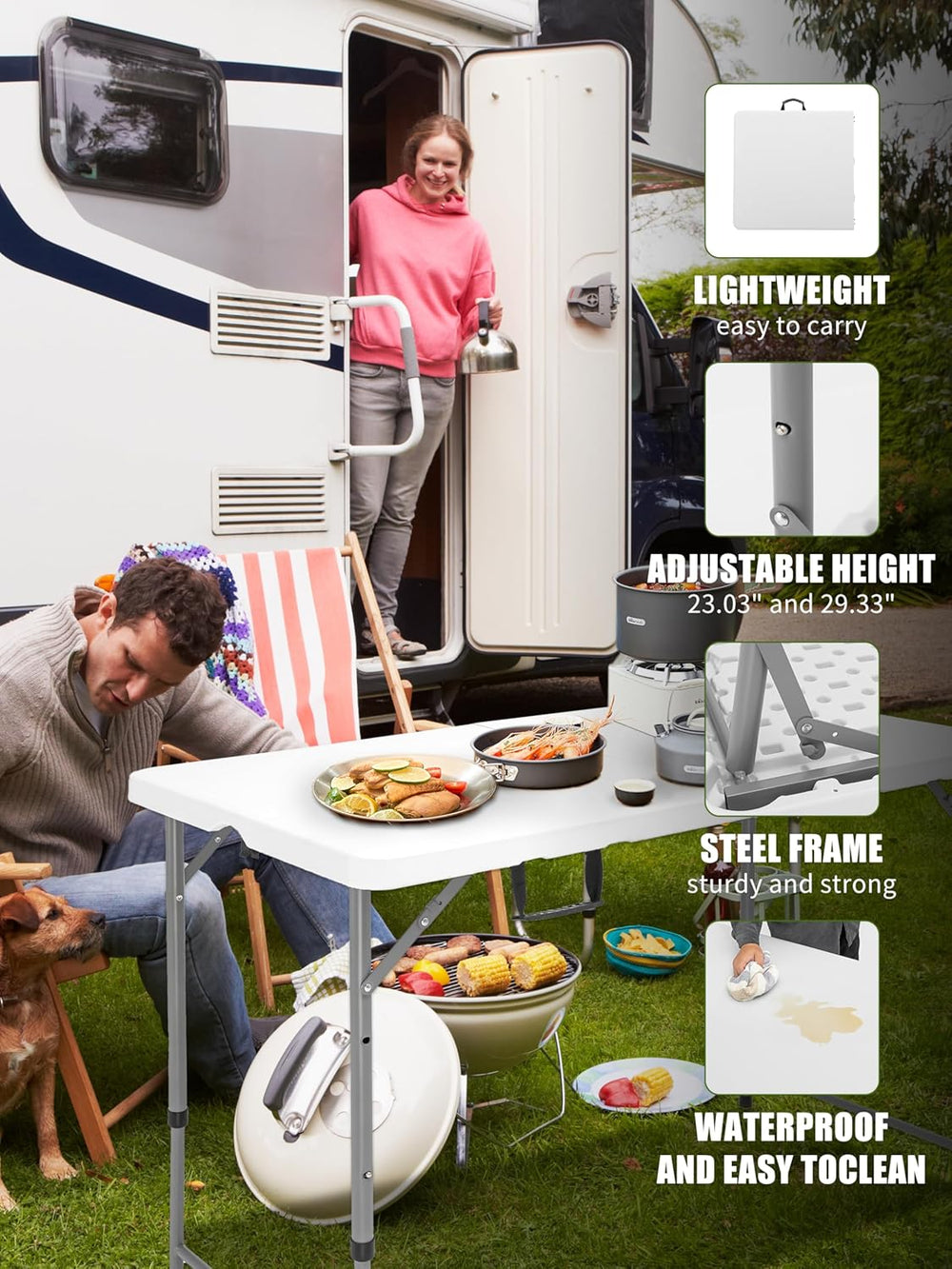 Folding Camping Table 4 Foot Adjustable Height 350lbs, 4FT Folding Picnic Car...