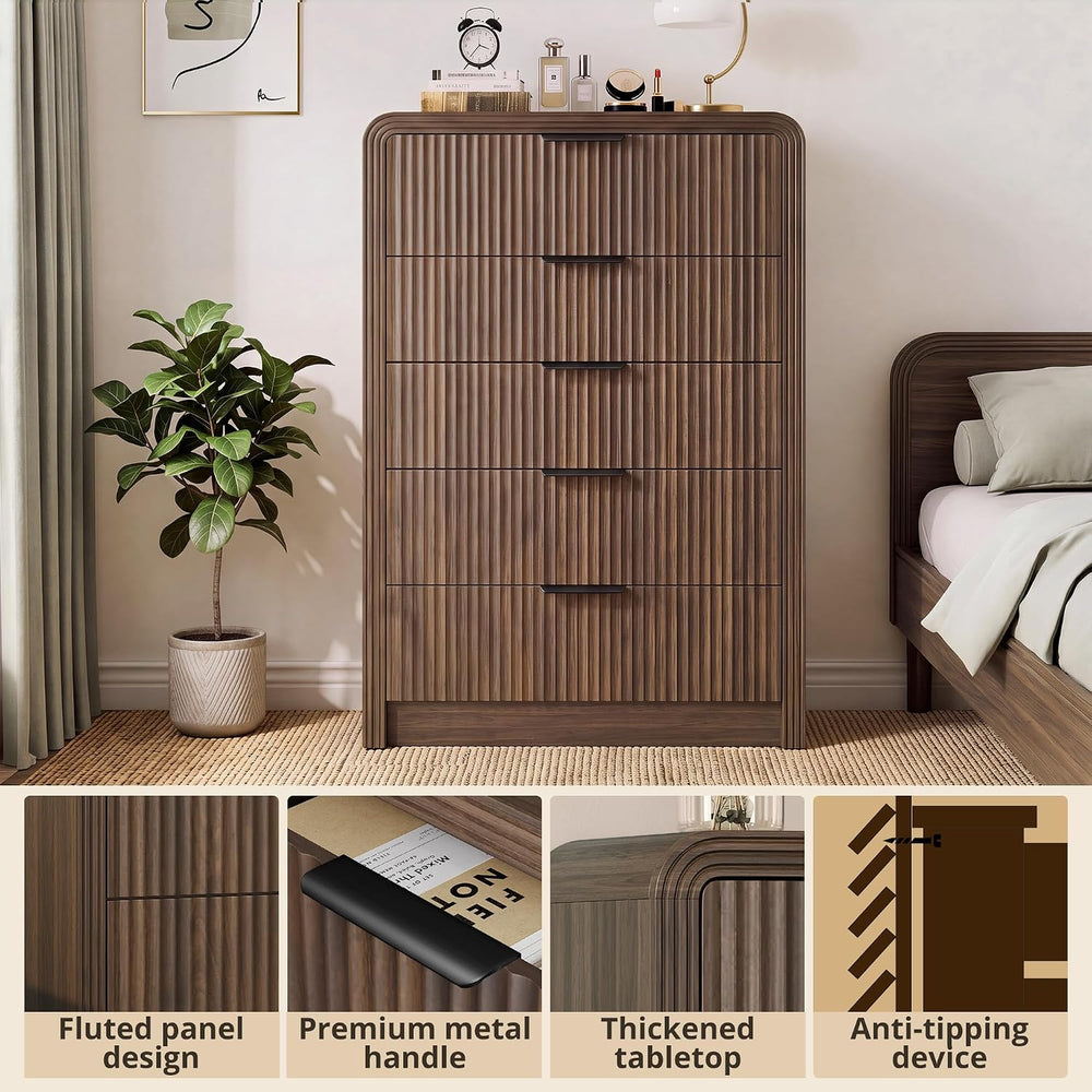 Decofy Fluted Wood Dresser 5 Drawers 48" Tall Curved Modern Chest Organizer