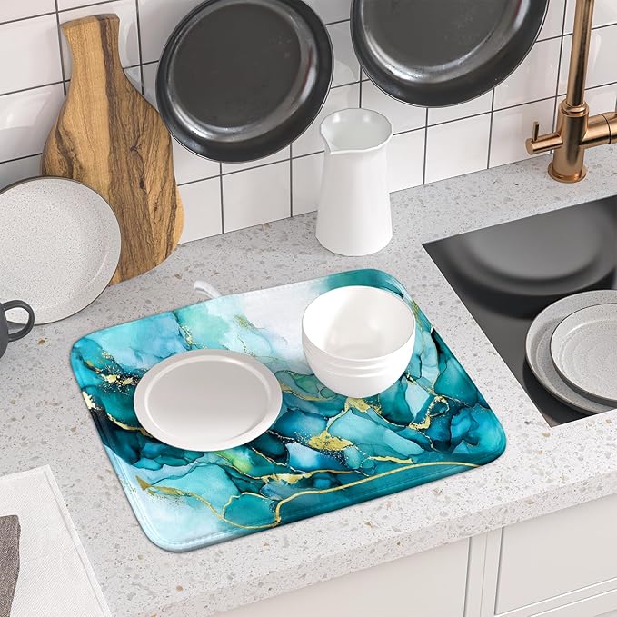 Giwawa Teal Marble Dish Drying Mat Turquoise Blue Marbling Print Dish Drainer - Image 6