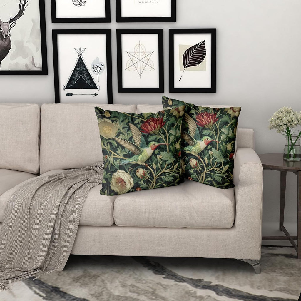 Giwawa Vintage Hummingbird Pillow Covers Set of 2, Rustic Green Bird Floral Pillow Cases 20x20in, Boho Flower Botanical Cotton Throw Cushion Covers for Sofa Couch Patio Seasonal Decoration