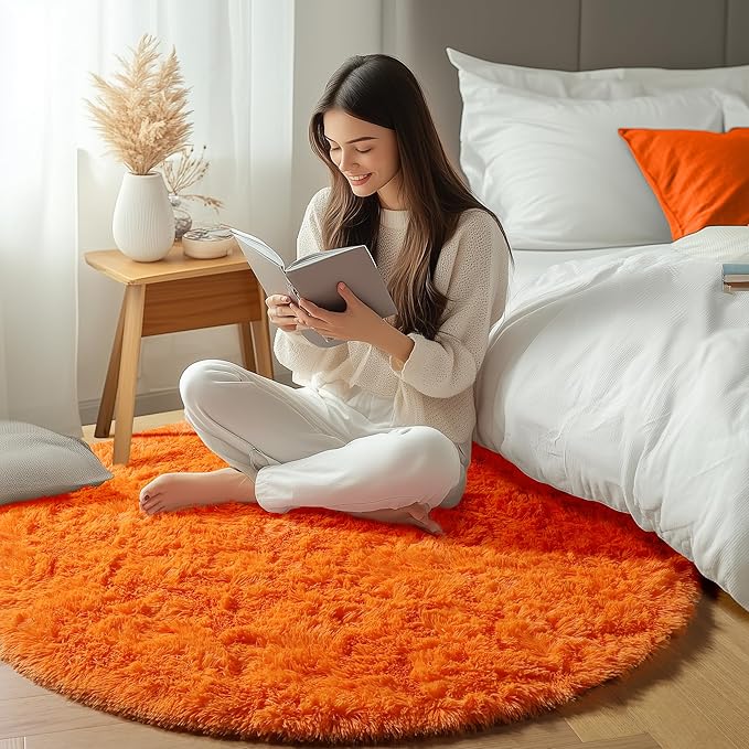 ONASAR Orange Round Rugs 5ft for Bedroom Living Room, Fluffy Circle Area Rug - Image 7