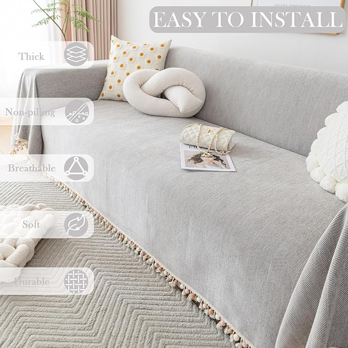 HANDONTIME Grey Sofa Cover for Couch Boho Couch Cover for 3 Seat Couches Dog - Image 8